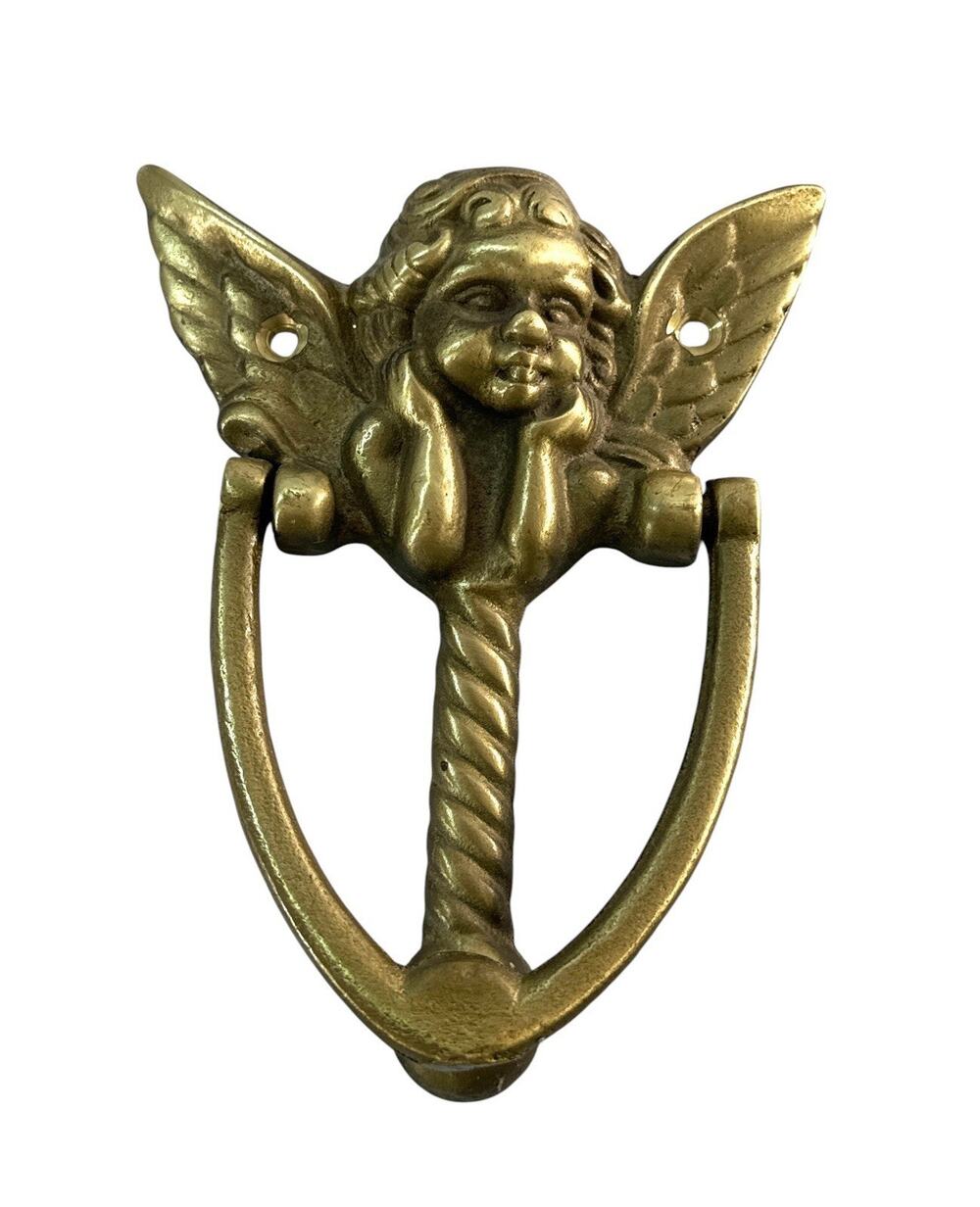 Vintage Solid Brass Cherub Angel Door Knocker Victorian Style 5” Winged Putti